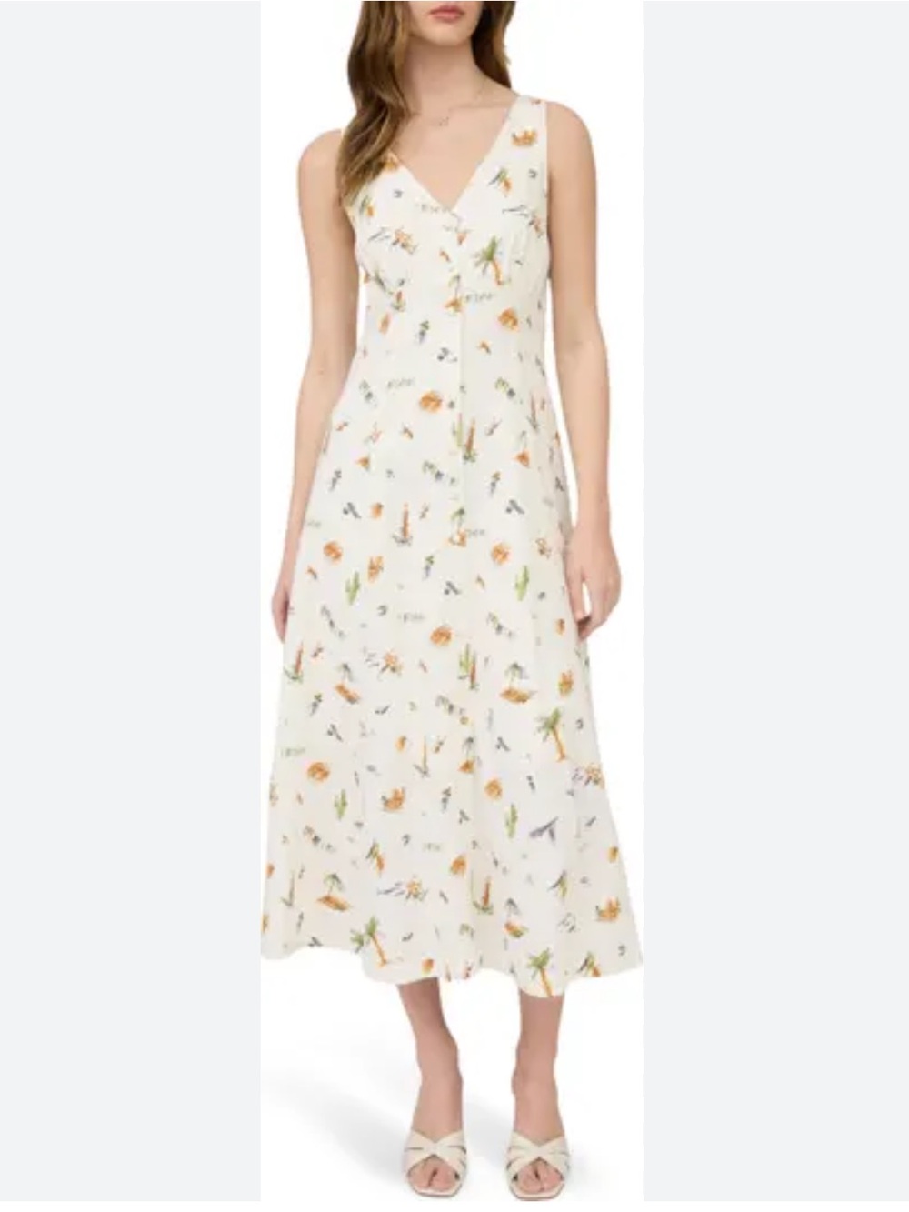 The Workshop Beach Print Linen Blend Button Front Maxi Dress Cream Medium